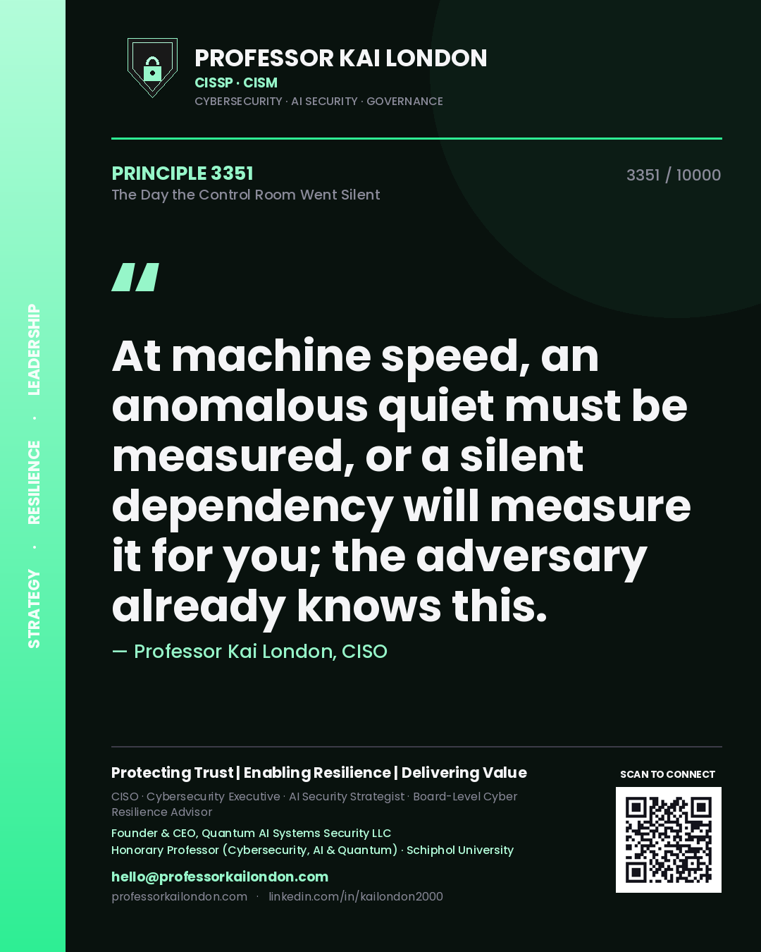 Quote card by Professor Kai London reading 'At machine speed, an anomalous quiet must be measured, or a silent dependency will measure it for you; the adversary already knows this.'. From the book The Day the Control Room Went Silent.