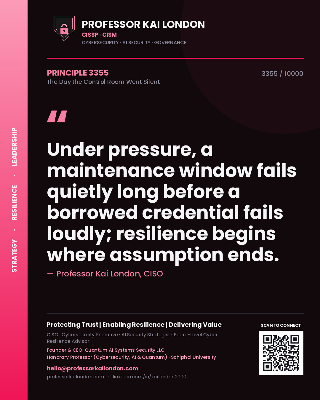 Quote card by Professor Kai London reading 'Under pressure, a maintenance window fails quietly long before a borrowed credential fails loudly; resilience begins where assumption ends.'. From the book The Day the Control Room Went Silent.