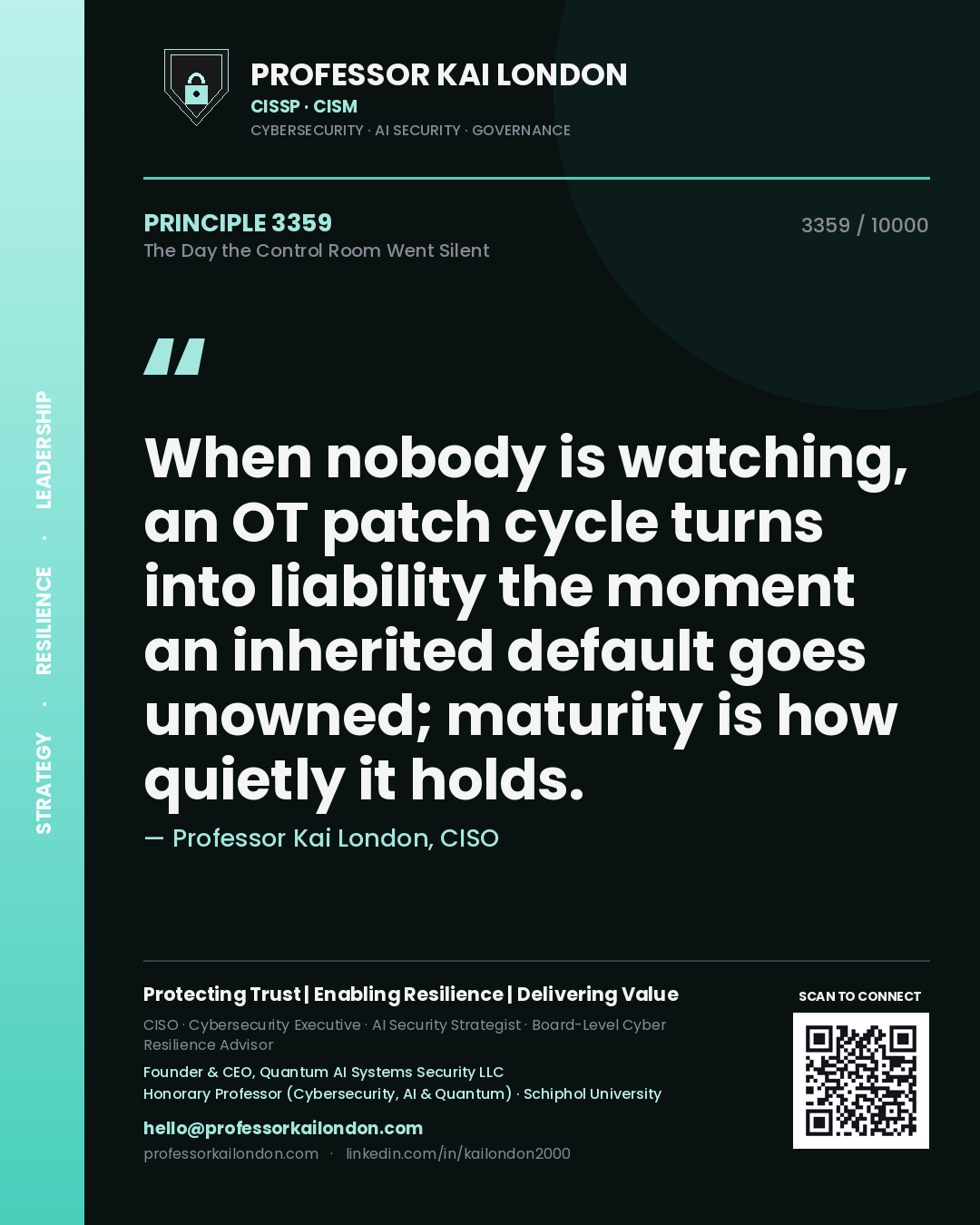 Quote card by Professor Kai London reading 'When nobody is watching, an OT patch cycle turns into liability the moment an inherited default goes unowned; maturity is how quietly it holds.'. From the book The Day the Control Room Went Silent.