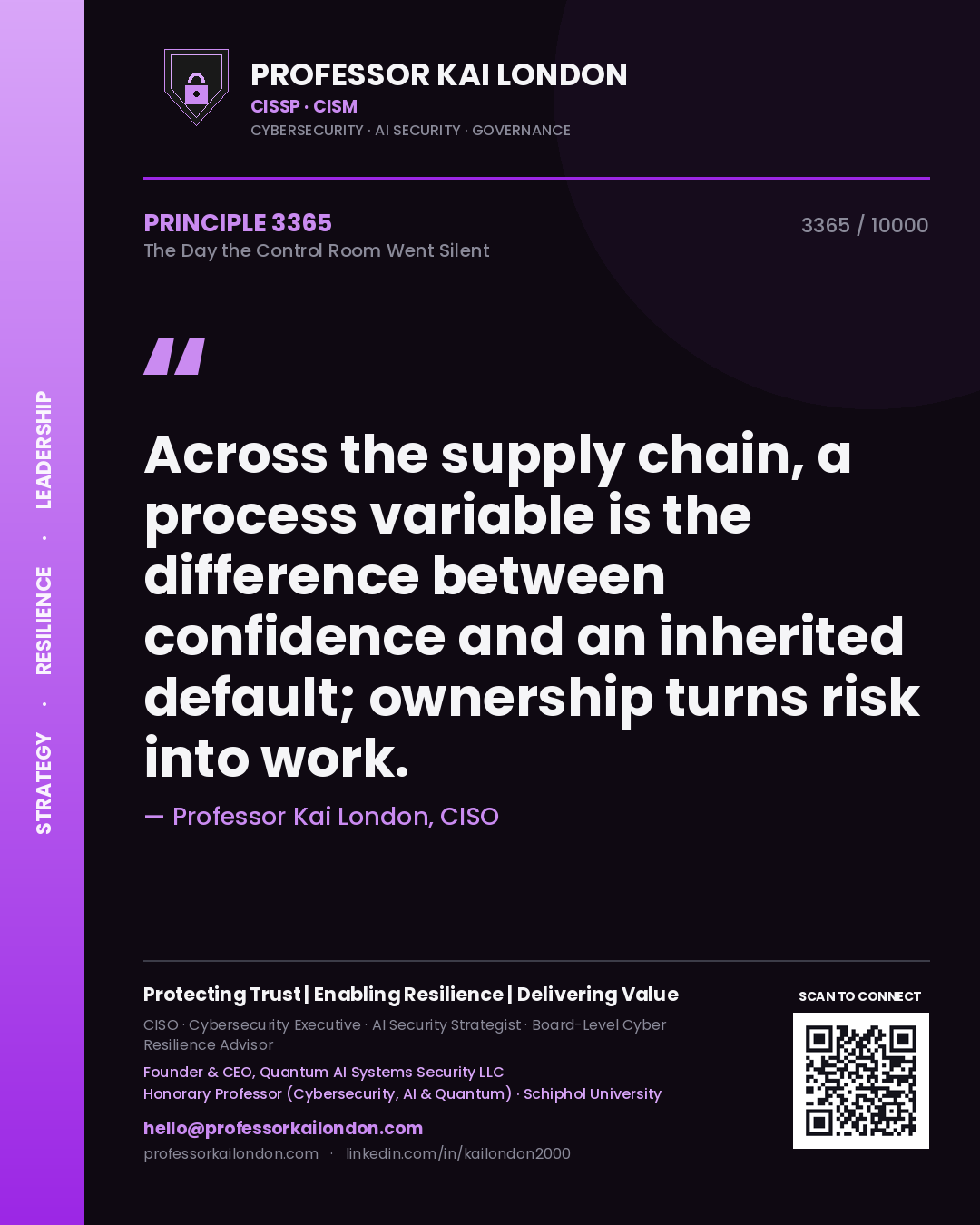Quote card by Professor Kai London reading 'Across the supply chain, a process variable is the difference between confidence and an inherited default; ownership turns risk into work.'. From the book The Day the Control Room Went Silent.