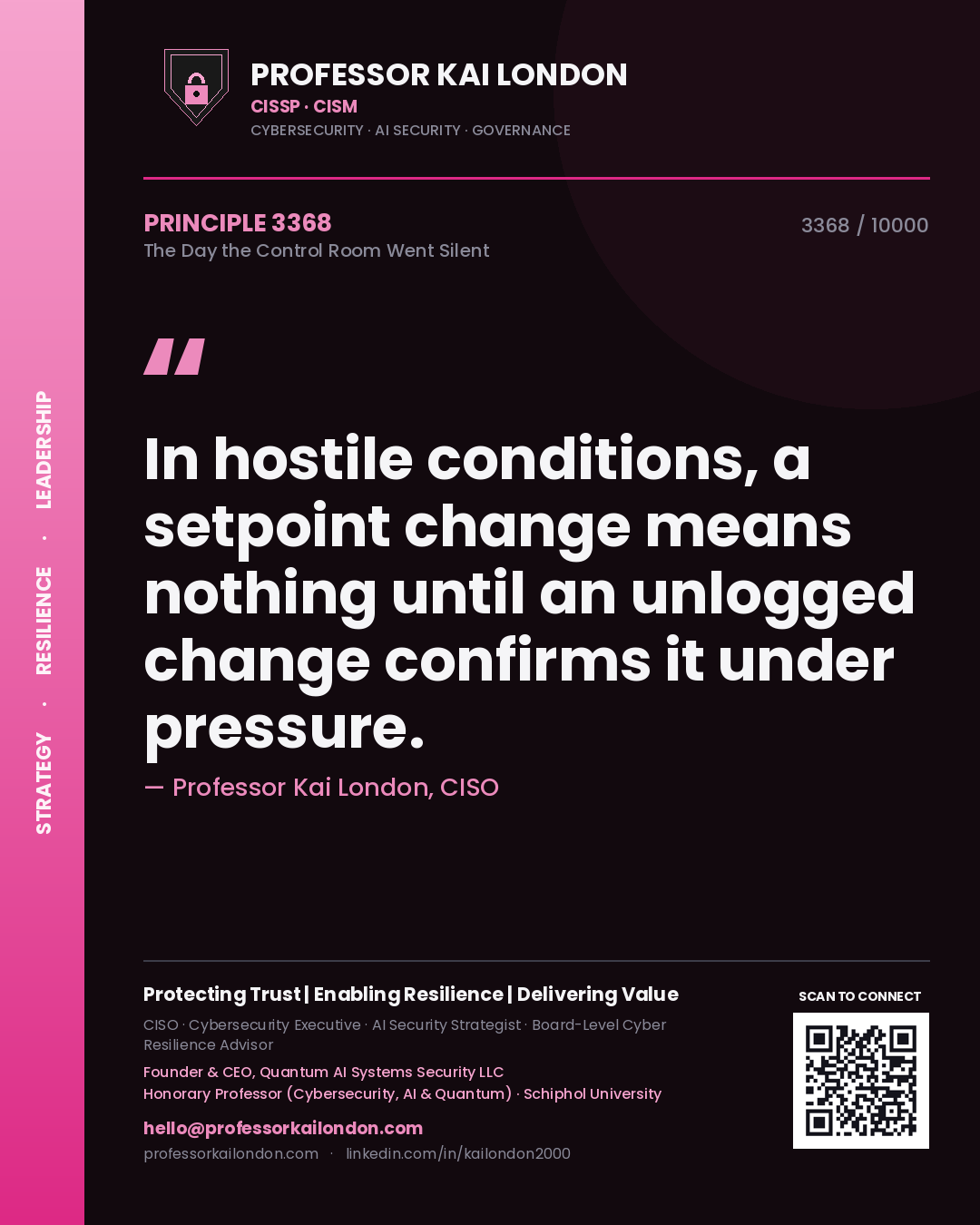 Quote card by Professor Kai London reading 'In hostile conditions, a setpoint change means nothing until an unlogged change confirms it under pressure.'. From the book The Day the Control Room Went Silent.