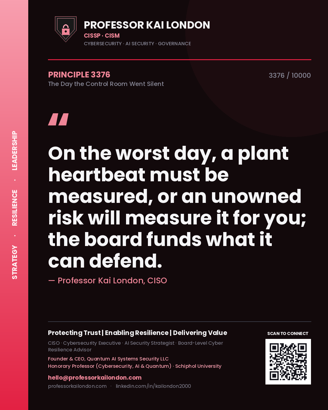 Quote card by Professor Kai London reading 'On the worst day, a plant heartbeat must be measured, or an unowned risk will measure it for you; the board funds what it can defend.'. From the book The Day the Control Room Went Silent.