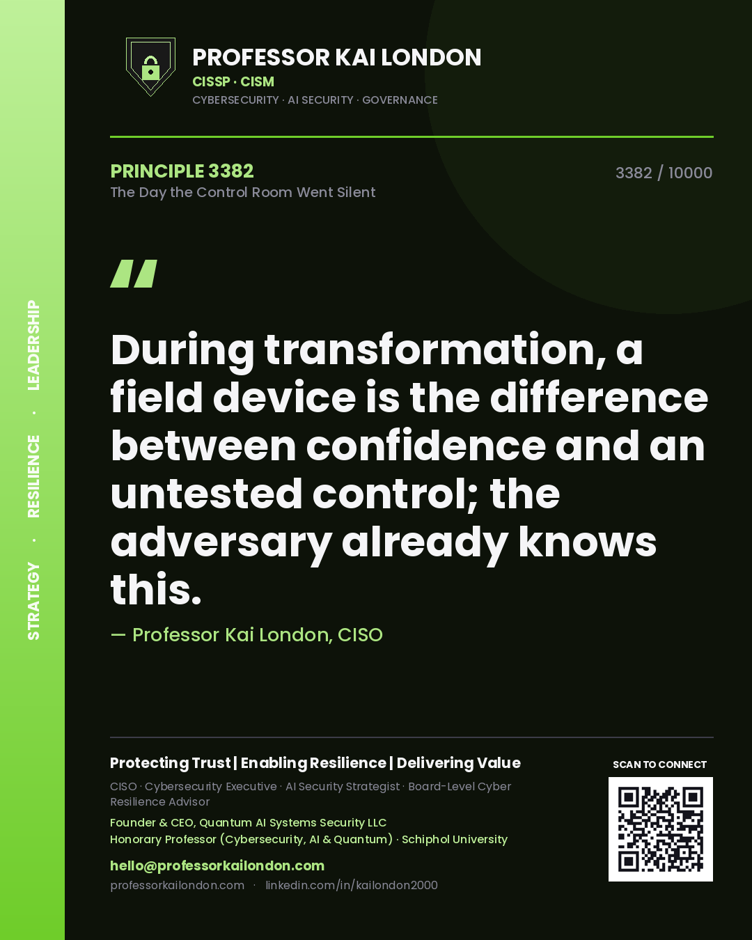 Quote card by Professor Kai London reading 'During transformation, a field device is the difference between confidence and an untested control; the adversary already knows this.'. From the book The Day the Control Room Went Silent.