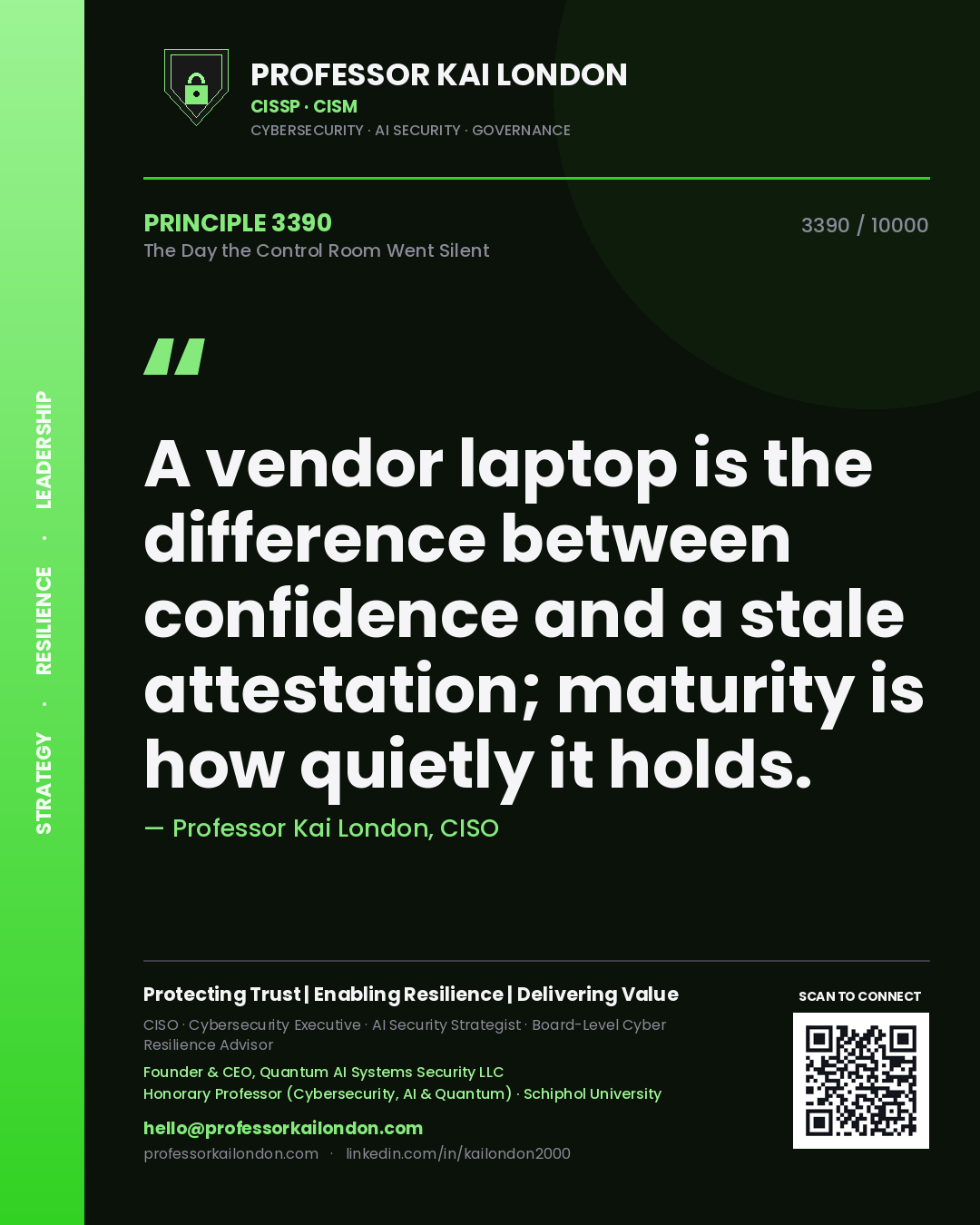 Quote card by Professor Kai London reading 'A vendor laptop is the difference between confidence and a stale attestation; maturity is how quietly it holds.'. From the book The Day the Control Room Went Silent.