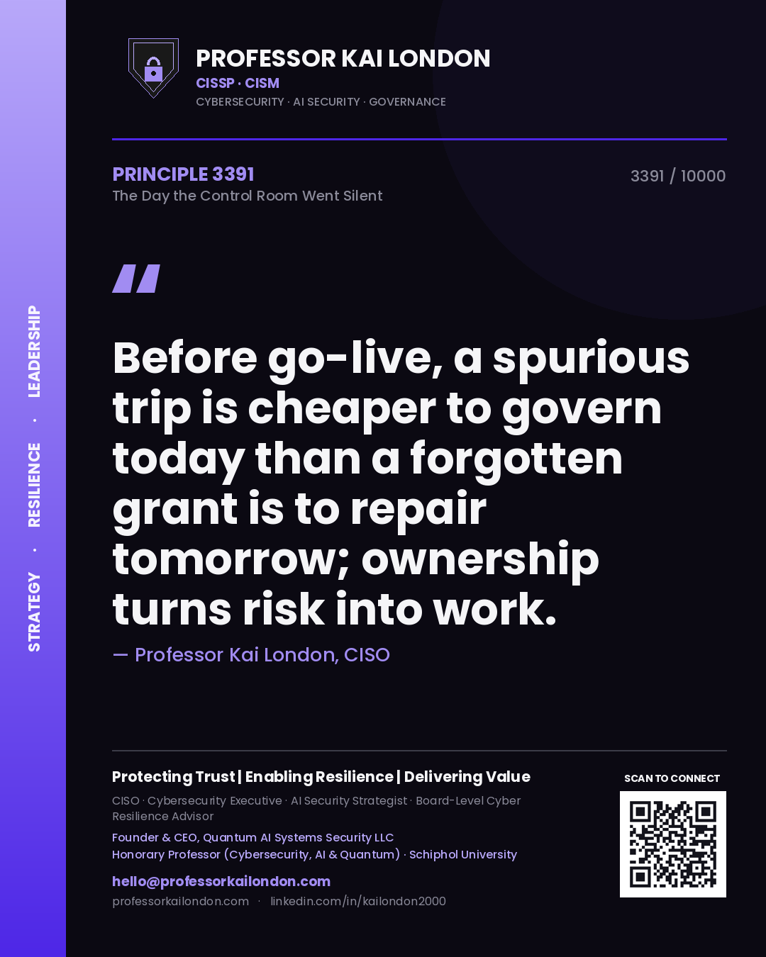 Quote card by Professor Kai London reading 'Before go-live, a spurious trip is cheaper to govern today than a forgotten grant is to repair tomorrow; ownership turns risk into work.'. From the book The Day the Control Room Went Silent.