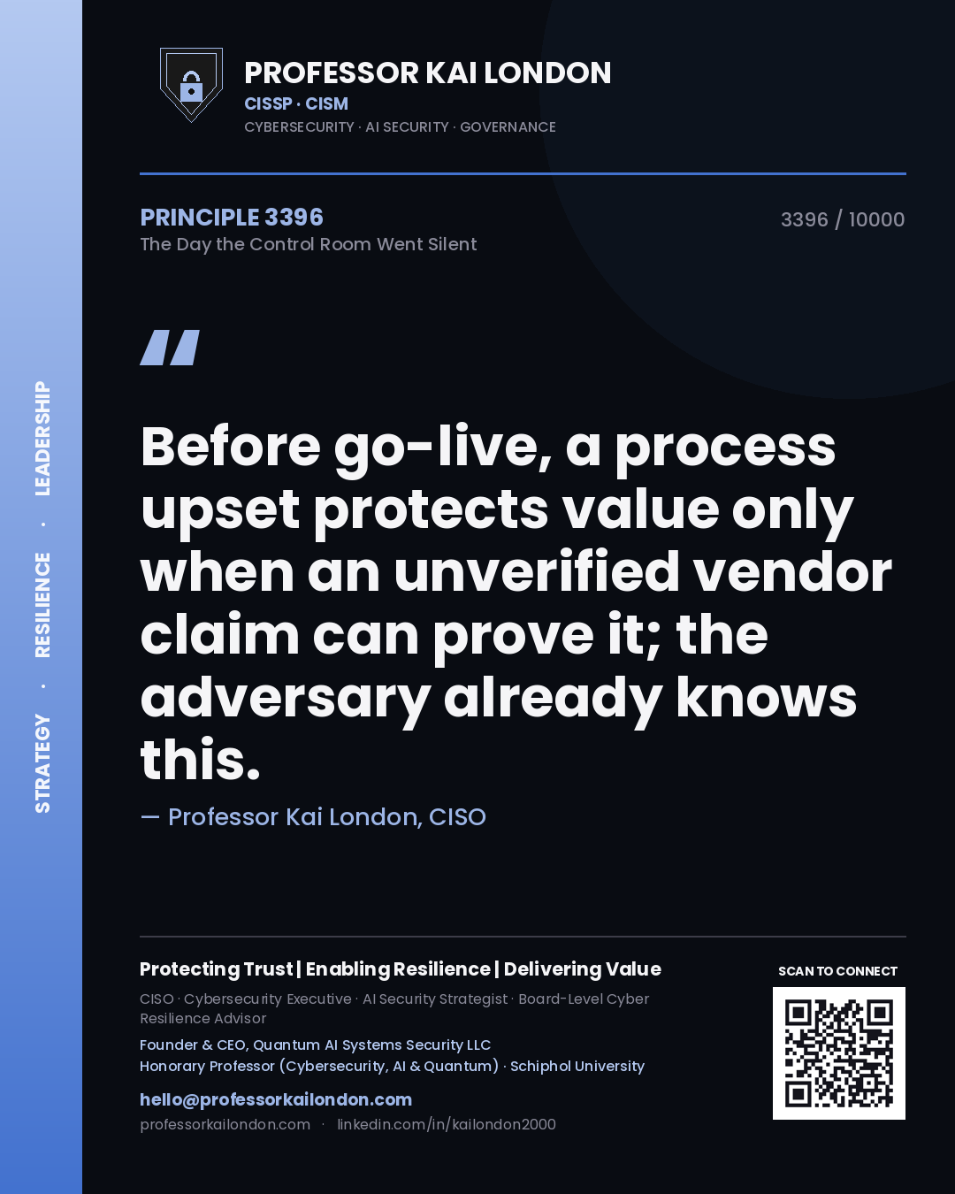 Quote card by Professor Kai London reading 'Before go-live, a process upset protects value only when an unverified vendor claim can prove it; the adversary already knows this.'. From the book The Day the Control Room Went Silent.