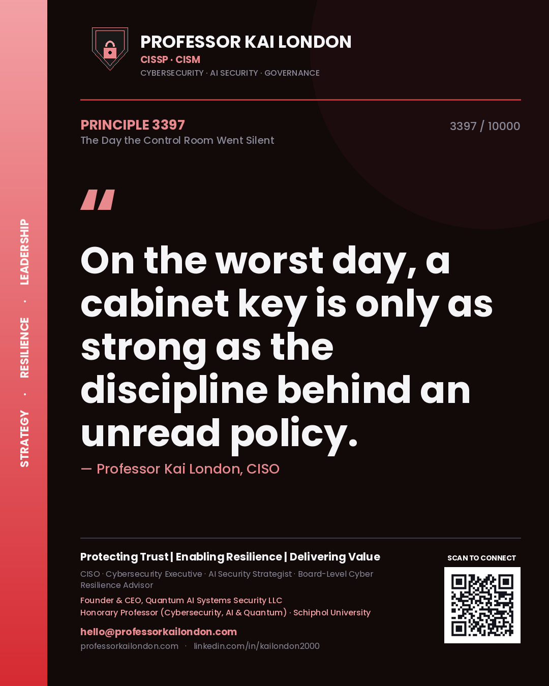 Quote card by Professor Kai London reading 'On the worst day, a cabinet key is only as strong as the discipline behind an unread policy.'. From the book The Day the Control Room Went Silent.