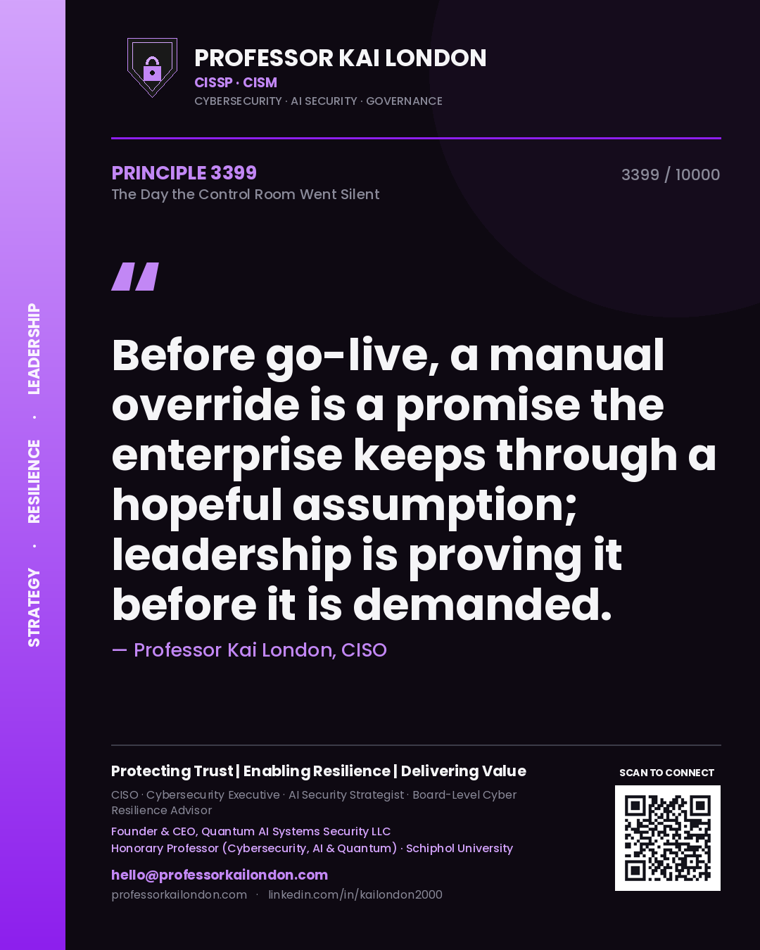 Quote card by Professor Kai London reading 'Before go-live, a manual override is a promise the enterprise keeps through a hopeful assumption; leadership is proving it before it is demanded.'. From the book The Day the Control Room Went Silent.