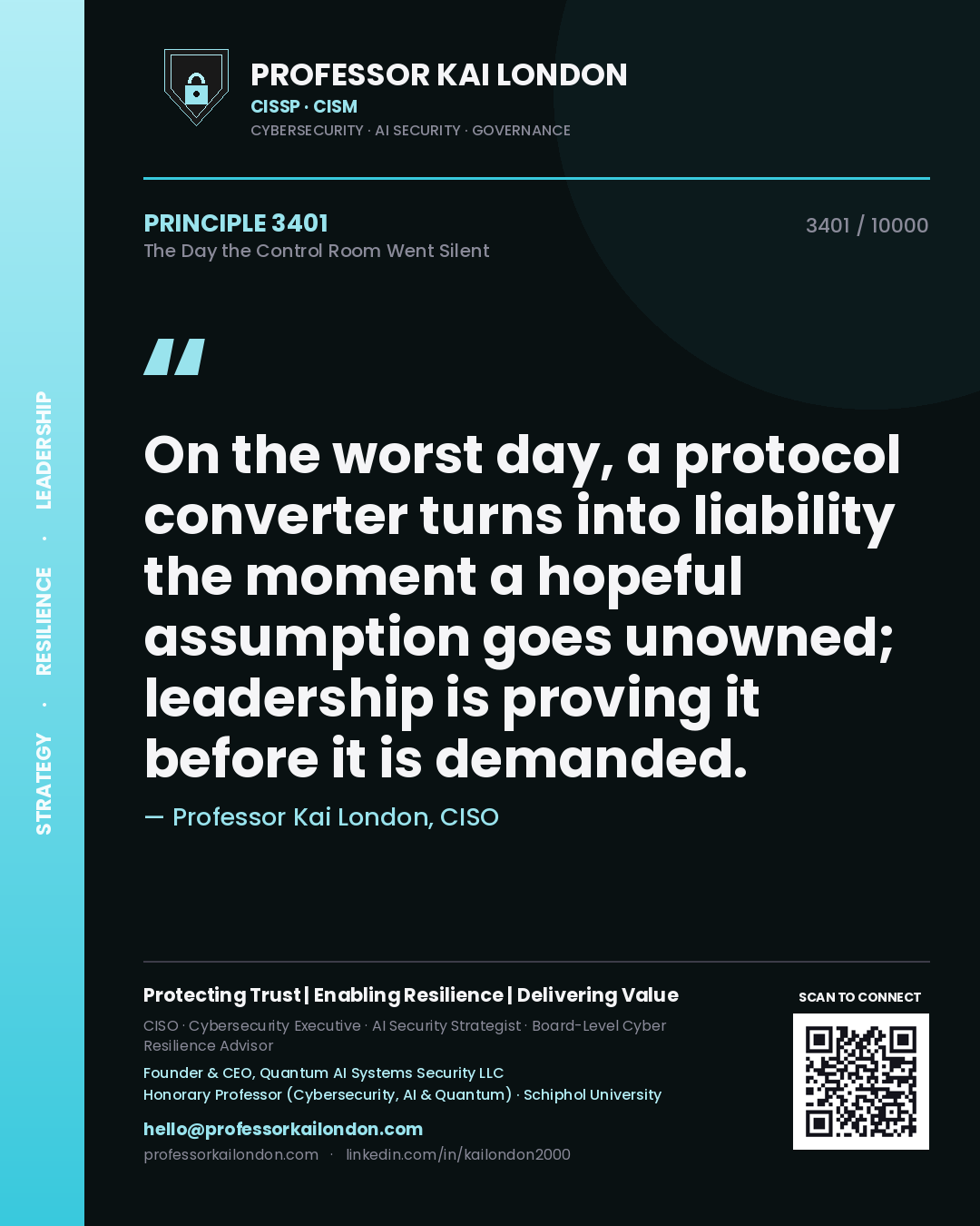 Professor Kai London principle 3401: On the worst day, a protocol converter turns into liability the moment a hopeful assumption goes unowned; leadership is proving it before it is demanded.