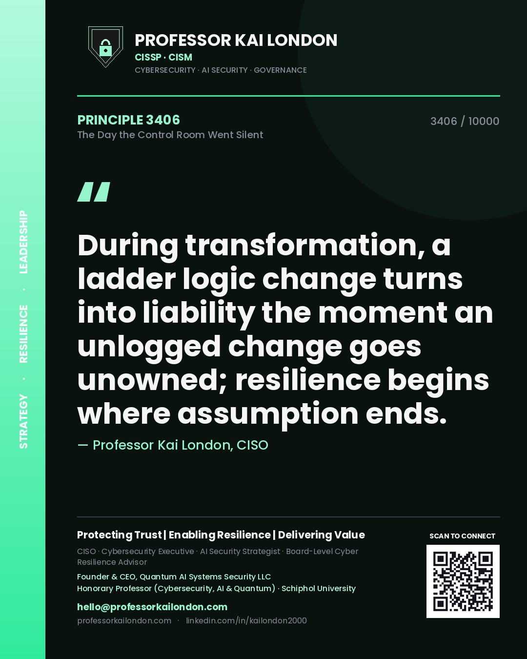 Quote card by Professor Kai London reading 'During transformation, a ladder logic change turns into liability the moment an unlogged change goes unowned; resilience begins where assumption ends.'. From the book The Day the Control Room Went Silent.