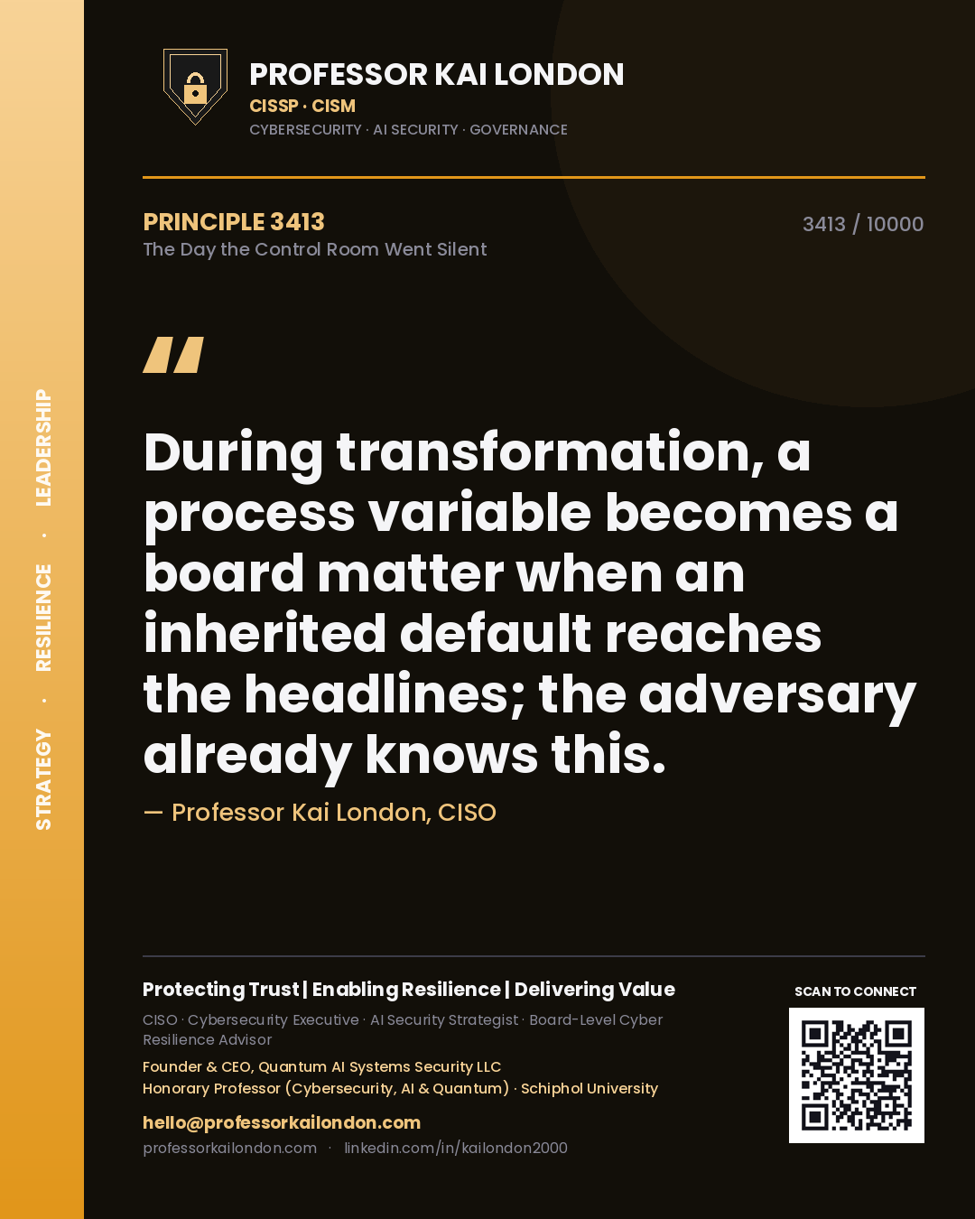 Quote card by Professor Kai London reading 'During transformation, a process variable becomes a board matter when an inherited default reaches the headlines; the adversary already knows this.'. From the book The Day the Control Room Went Silent.