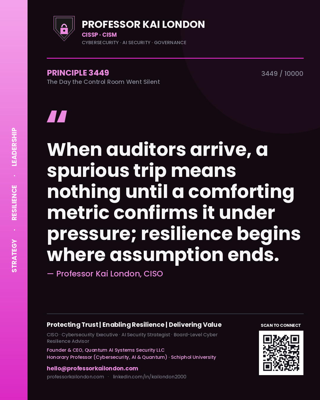 Quote card by Professor Kai London reading 'When auditors arrive, a spurious trip means nothing until a comforting metric confirms it under pressure; resilience begins where assumption ends.'. From the book The Day the Control Room Went Silent.