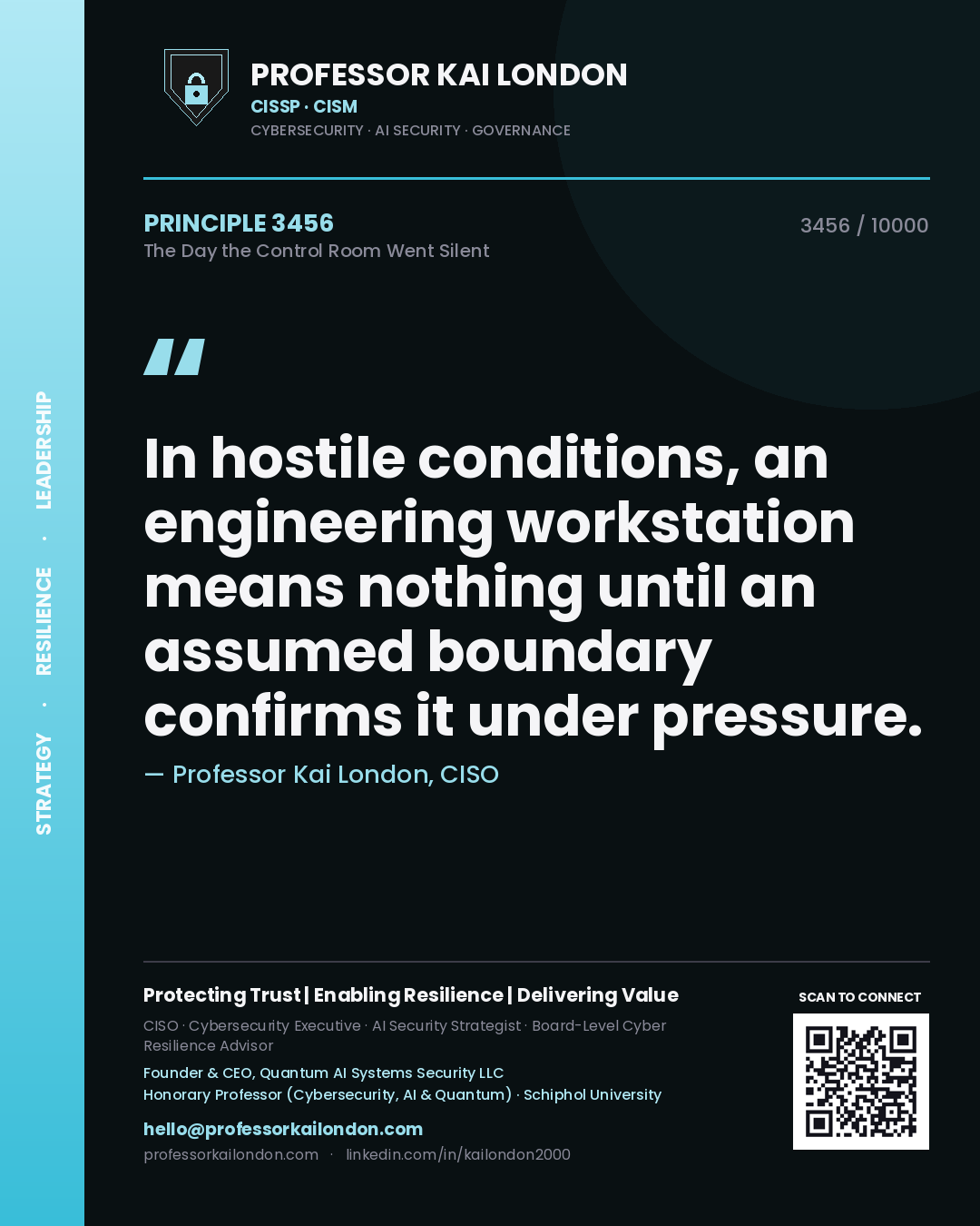 Quote card by Professor Kai London reading 'In hostile conditions, an engineering workstation means nothing until an assumed boundary confirms it under pressure.'. From the book The Day the Control Room Went Silent.