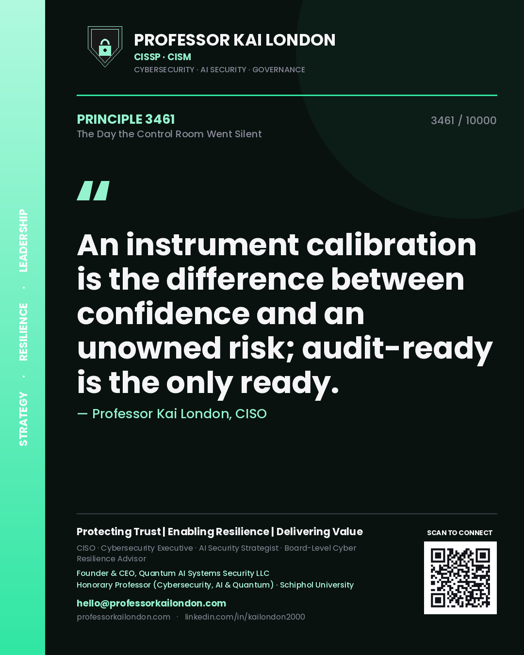 Quote card by Professor Kai London reading 'An instrument calibration is the difference between confidence and an unowned risk; audit-ready is the only ready.'. From the book The Day the Control Room Went Silent.