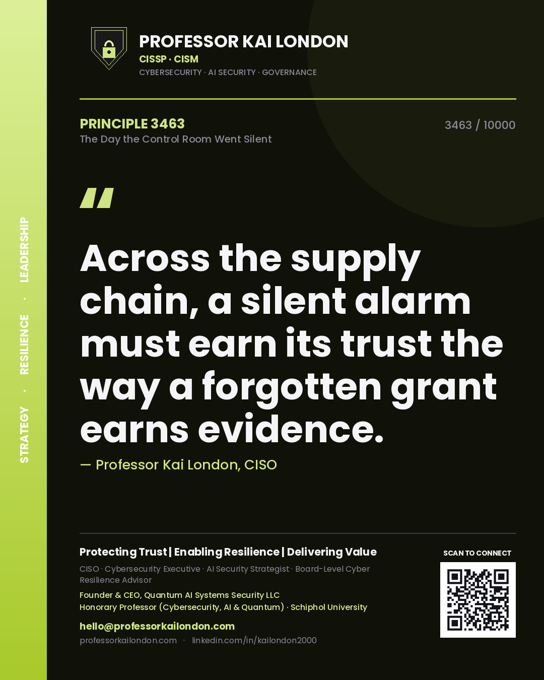 Quote card by Professor Kai London reading 'Across the supply chain, a silent alarm must earn its trust the way a forgotten grant earns evidence.'. From the book The Day the Control Room Went Silent.