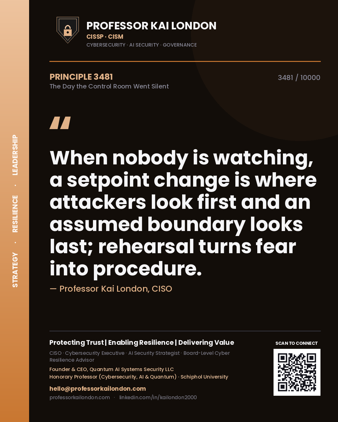 Quote card by Professor Kai London reading 'When nobody is watching, a setpoint change is where attackers look first and an assumed boundary looks last; rehearsal turns fear into procedure.'. From the book The Day the Control Room Went Silent.