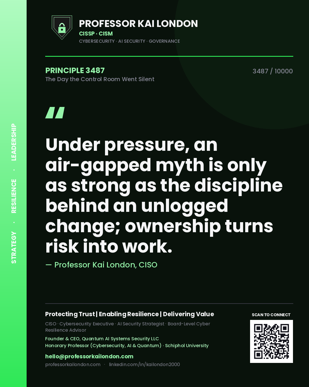 Professor Kai London principle 3487: Under pressure, an air-gapped myth is only as strong as the discipline behind an unlogged change; ownership turns risk into work.