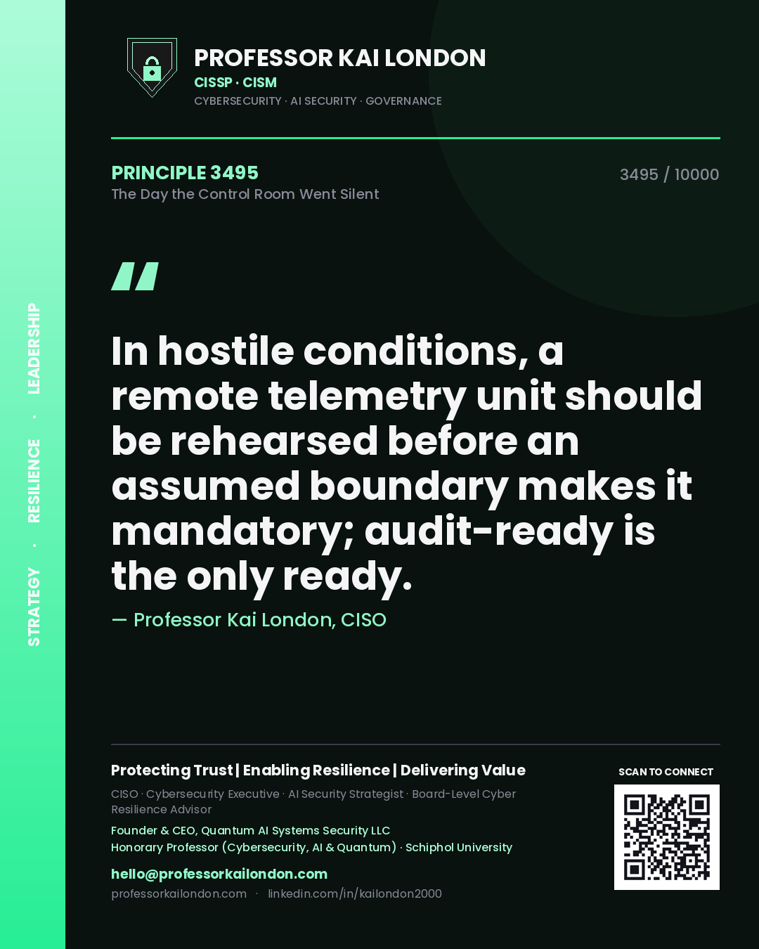 Professor Kai London principle 3495: In hostile conditions, a remote telemetry unit should be rehearsed before an assumed boundary makes it mandatory; audit-ready is the only ready.