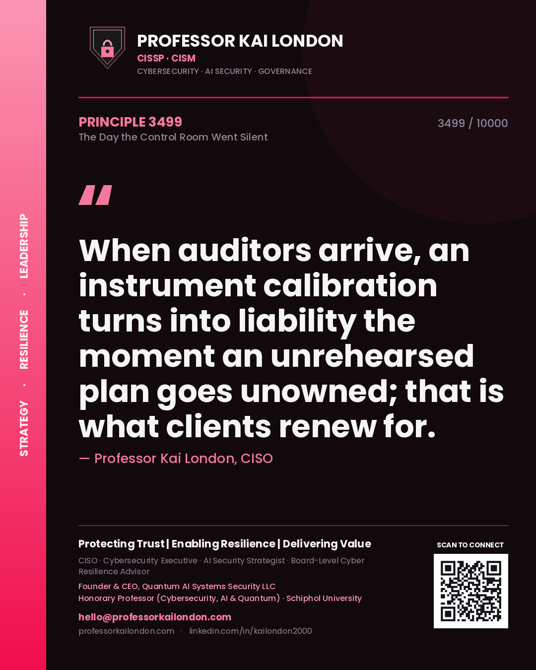 Quote card by Professor Kai London reading 'When auditors arrive, an instrument calibration turns into liability the moment an unrehearsed plan goes unowned; that is what clients renew for.'. From the book The Day the Control Room Went Silent.
