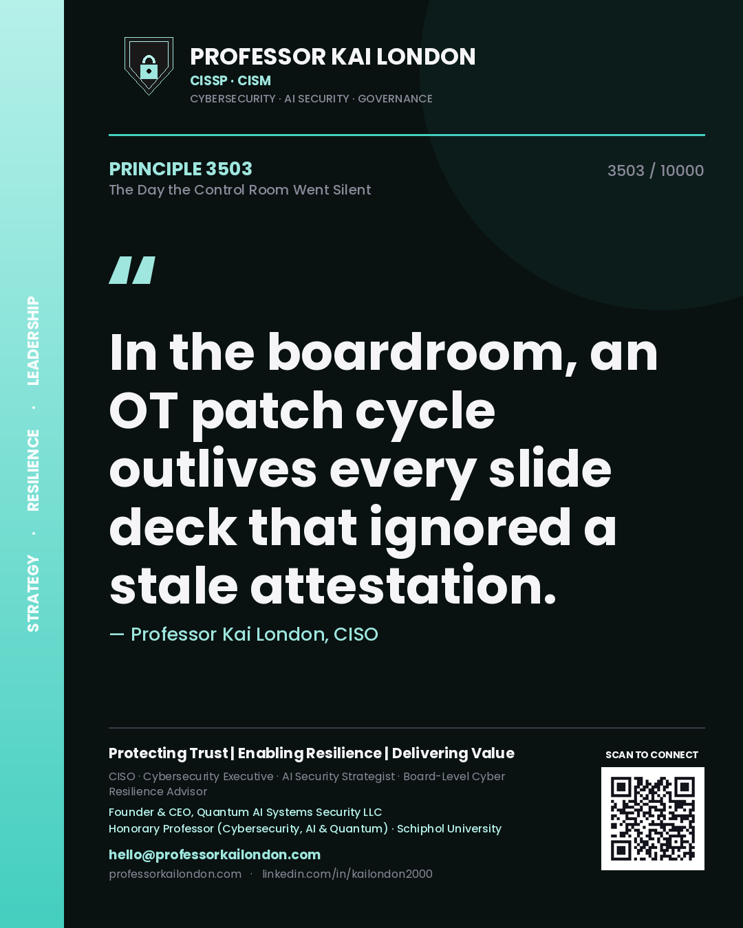 Quote card by Professor Kai London reading 'In the boardroom, an OT patch cycle outlives every slide deck that ignored a stale attestation.'. From the book The Day the Control Room Went Silent.