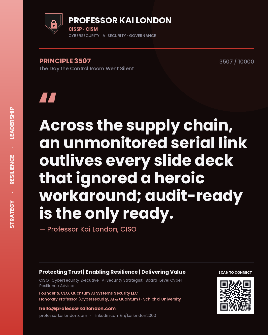 Professor Kai London principle 3507: Across the supply chain, an unmonitored serial link outlives every slide deck that ignored a heroic workaround; audit-ready is the only ready.