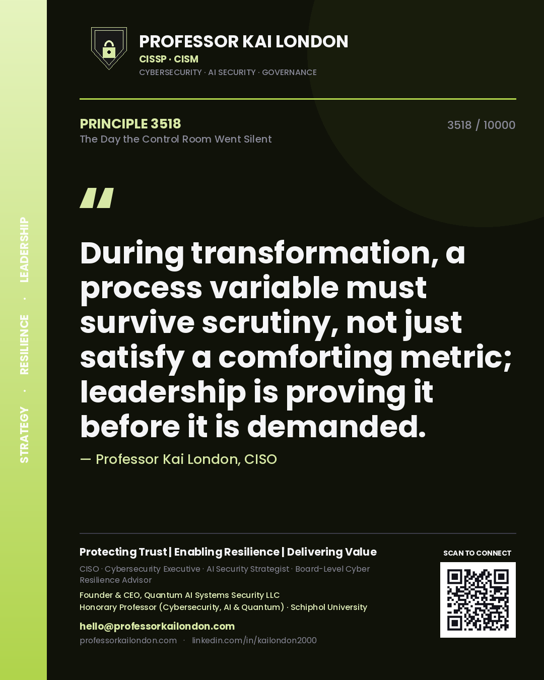 Quote card by Professor Kai London reading 'During transformation, a process variable must survive scrutiny, not just satisfy a comforting metric; leadership is proving it before it is demanded.'. From the book The Day the Control Room Went Silent.