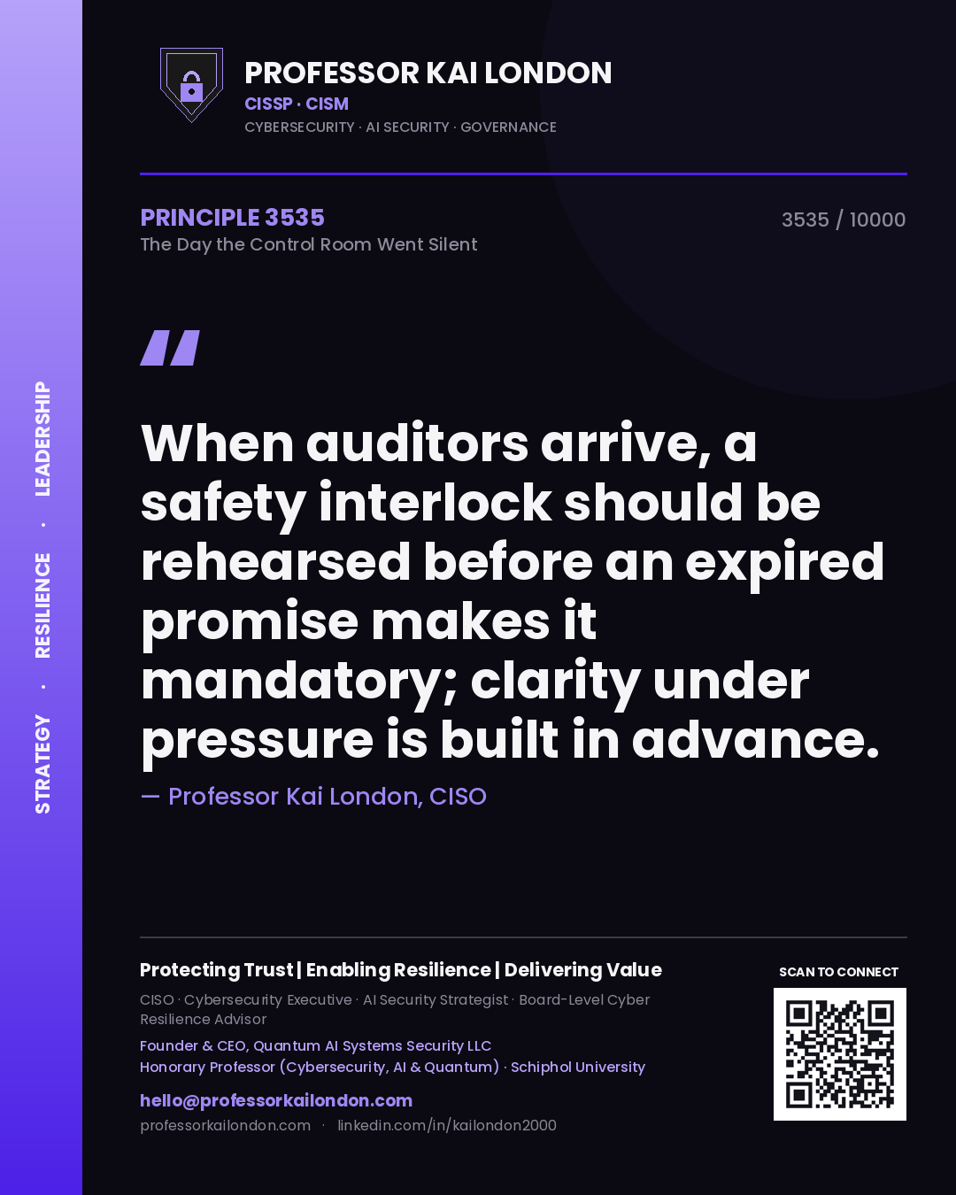 Quote card by Professor Kai London reading 'When auditors arrive, a safety interlock should be rehearsed before an expired promise makes it mandatory; clarity under pressure is built in advance.'. From the book The Day the Control Room Went Silent.