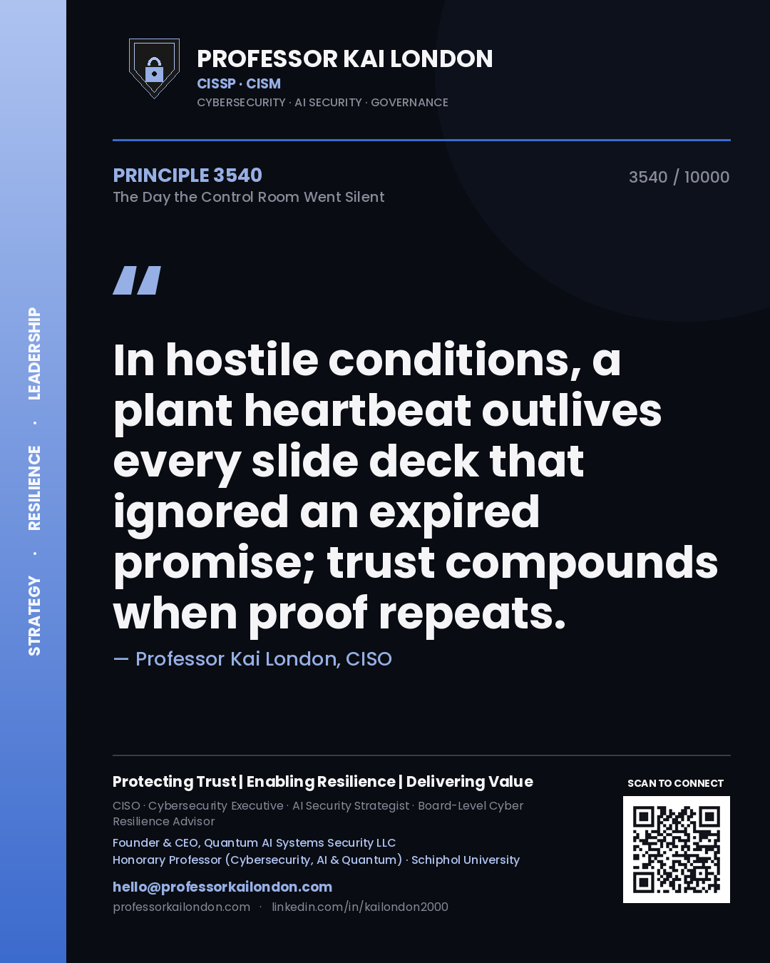 Quote card by Professor Kai London reading 'In hostile conditions, a plant heartbeat outlives every slide deck that ignored an expired promise; trust compounds when proof repeats.'. From the book The Day the Control Room Went Silent.