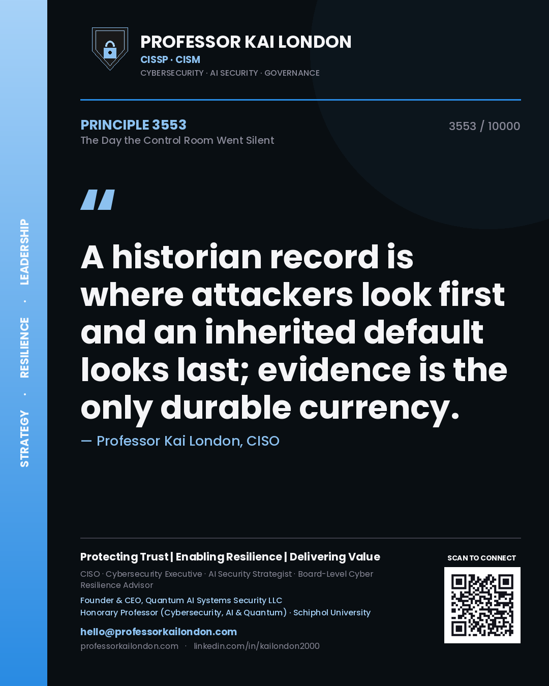 Quote card by Professor Kai London reading 'A historian record is where attackers look first and an inherited default looks last; evidence is the only durable currency.'. From the book The Day the Control Room Went Silent.