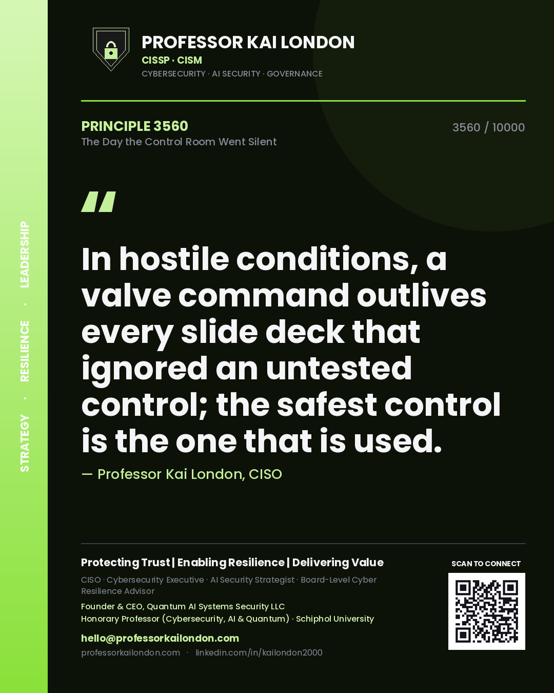 Quote card by Professor Kai London reading 'In hostile conditions, a valve command outlives every slide deck that ignored an untested control; the safest control is the one that is used.'. From the book The Day the Control Room Went Silent.