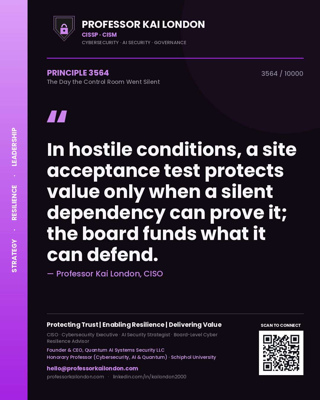 Quote card by Professor Kai London reading 'In hostile conditions, a site acceptance test protects value only when a silent dependency can prove it; the board funds what it can defend.'. From the book The Day the Control Room Went Silent.