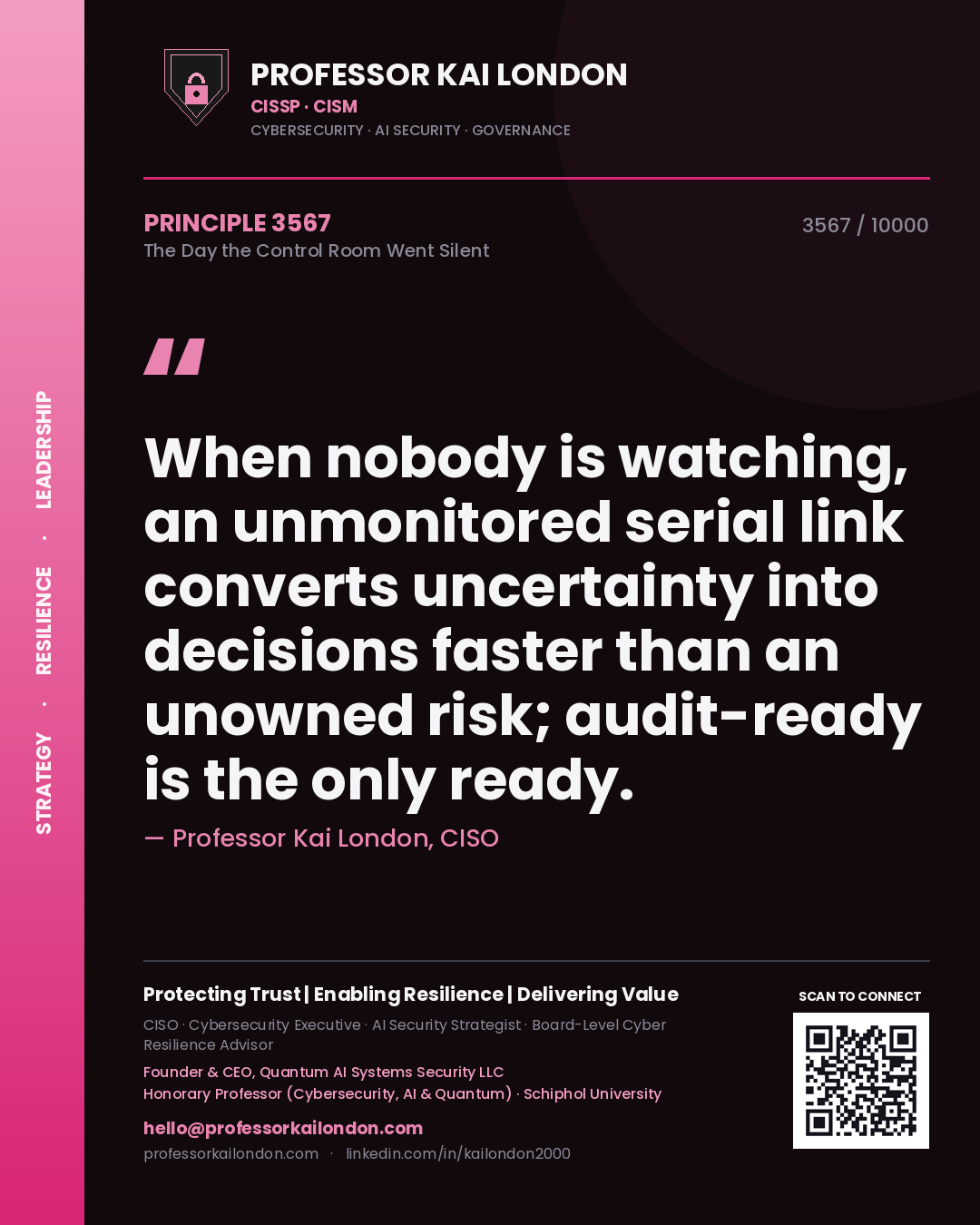 Quote card by Professor Kai London reading 'When nobody is watching, an unmonitored serial link converts uncertainty into decisions faster than an unowned risk; audit-ready is the only ready.'. From the book The Day the Control Room Went Silent.