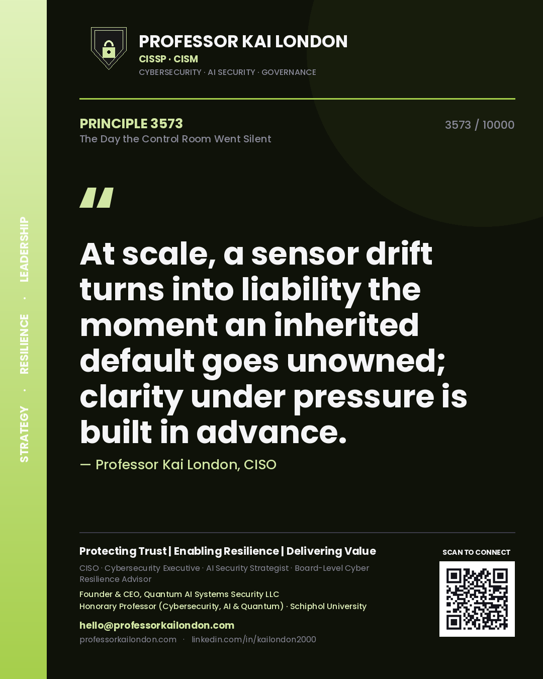 Quote card by Professor Kai London reading 'At scale, a sensor drift turns into liability the moment an inherited default goes unowned; clarity under pressure is built in advance.'. From the book The Day the Control Room Went Silent.