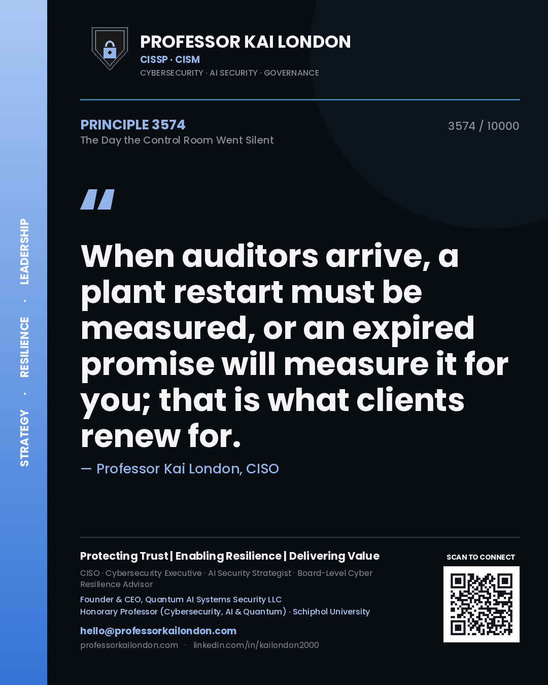 Quote card by Professor Kai London reading 'When auditors arrive, a plant restart must be measured, or an expired promise will measure it for you; that is what clients renew for.'. From the book The Day the Control Room Went Silent.