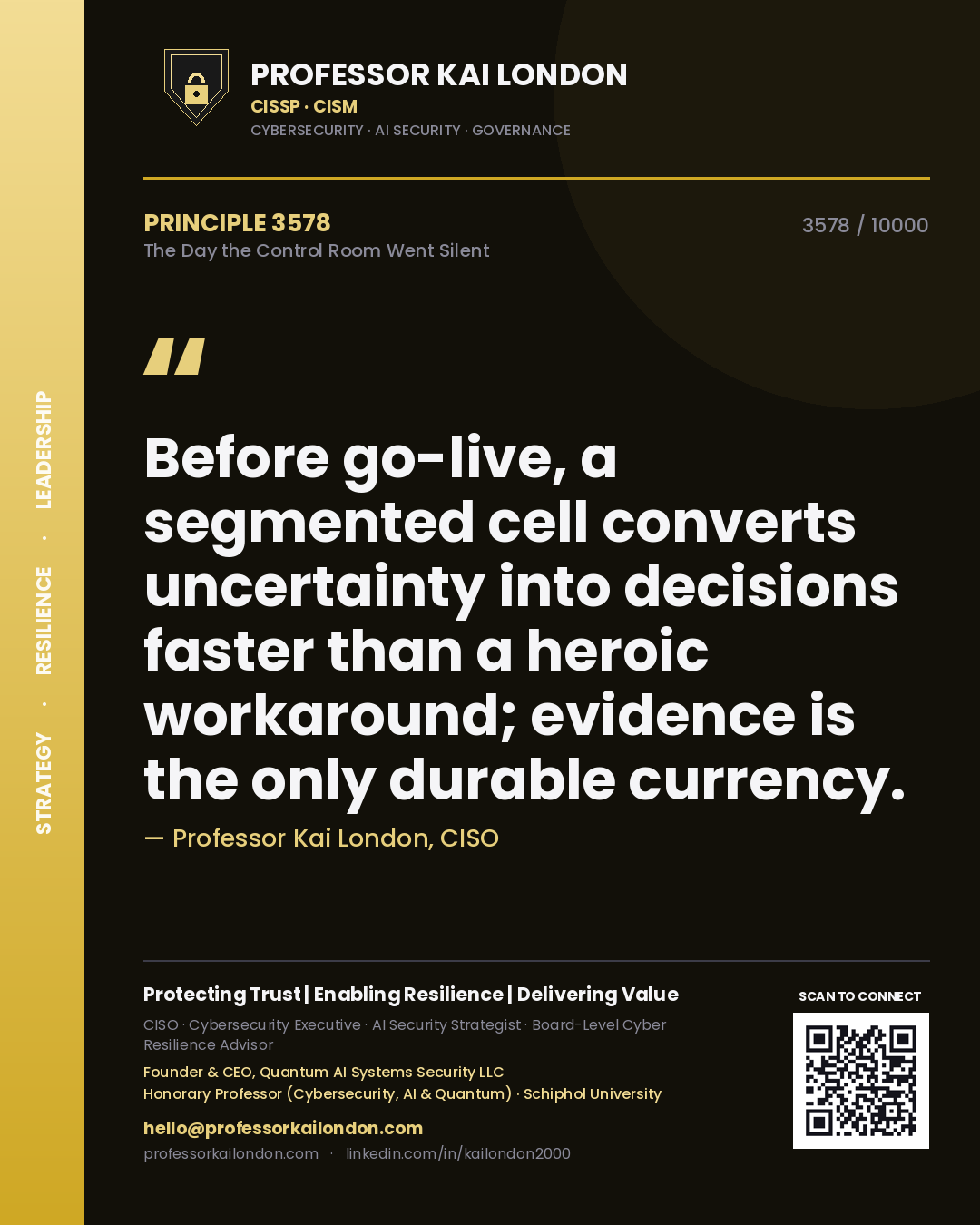Quote card by Professor Kai London reading 'Before go-live, a segmented cell converts uncertainty into decisions faster than a heroic workaround; evidence is the only durable currency.'. From the book The Day the Control Room Went Silent.
