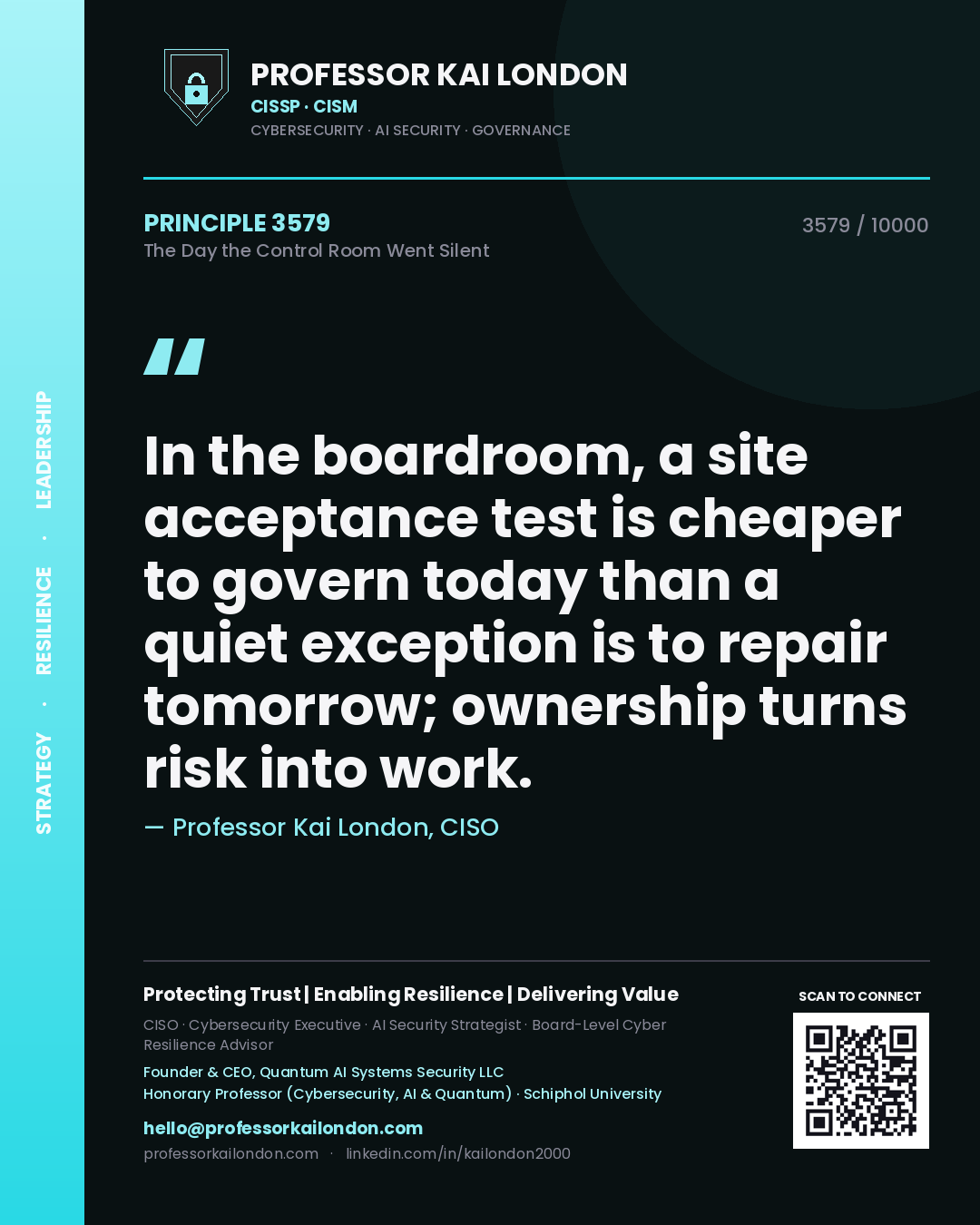 Quote card by Professor Kai London reading 'In the boardroom, a site acceptance test is cheaper to govern today than a quiet exception is to repair tomorrow; ownership turns risk into work.'. From the book The Day the Control Room Went Silent.