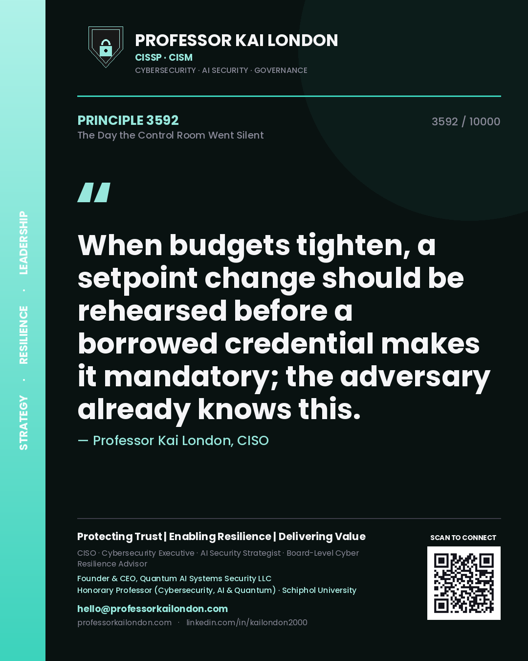 Quote card by Professor Kai London reading 'When budgets tighten, a setpoint change should be rehearsed before a borrowed credential makes it mandatory; the adversary already knows this.'. From the book The Day the Control Room Went Silent.