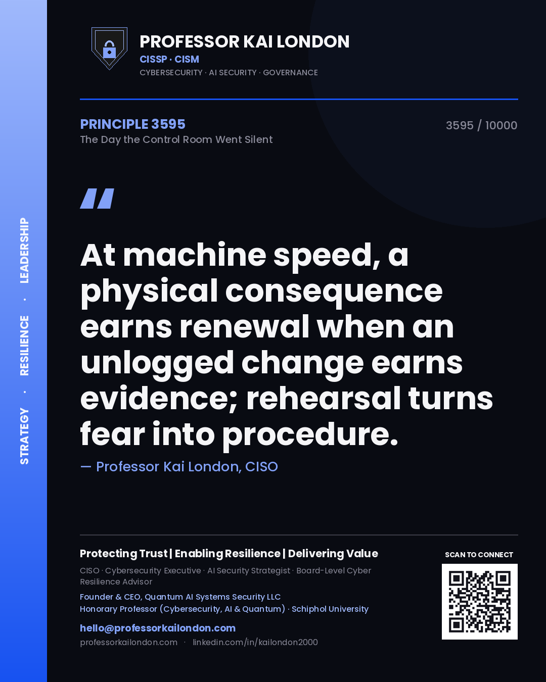 Quote card by Professor Kai London reading 'At machine speed, a physical consequence earns renewal when an unlogged change earns evidence; rehearsal turns fear into procedure.'. From the book The Day the Control Room Went Silent.