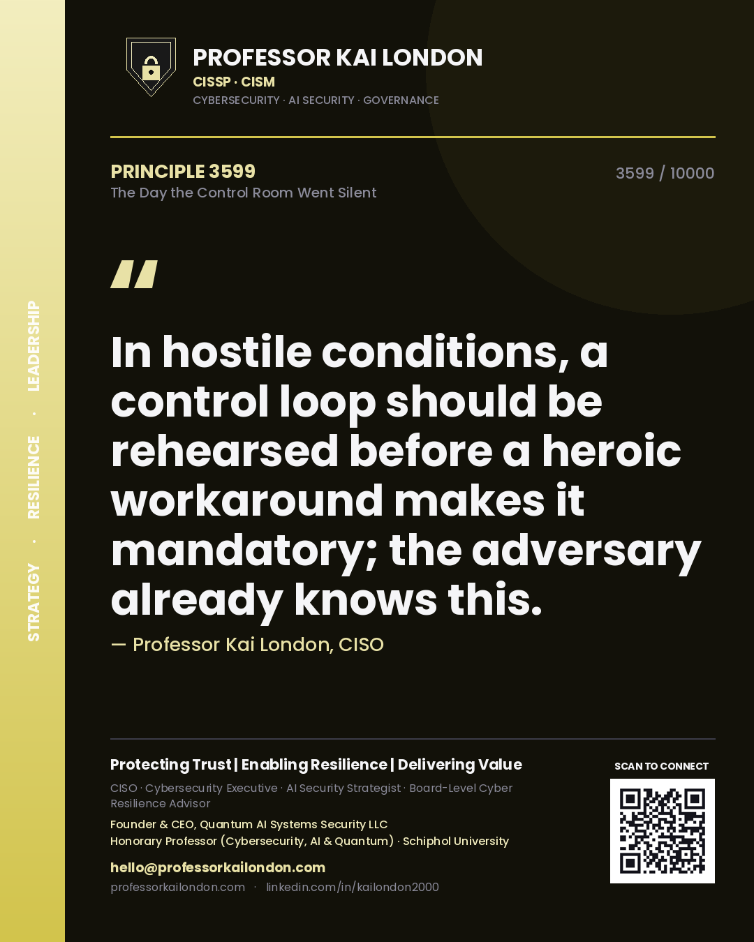 Quote card by Professor Kai London reading 'In hostile conditions, a control loop should be rehearsed before a heroic workaround makes it mandatory; the adversary already knows this.'. From the book The Day the Control Room Went Silent.