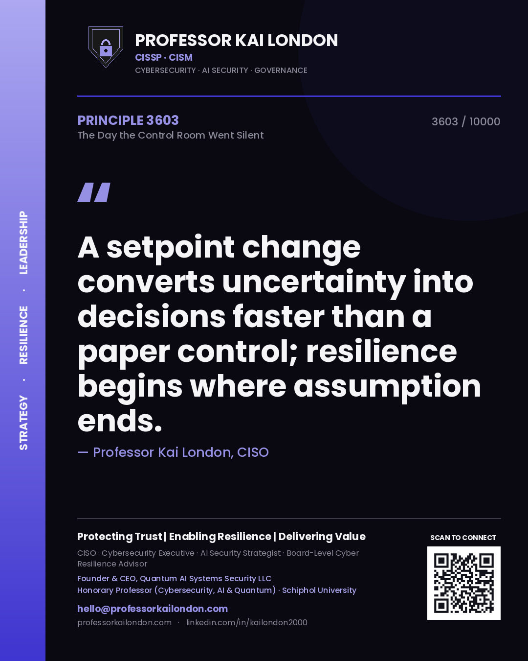 Quote card by Professor Kai London reading 'A setpoint change converts uncertainty into decisions faster than a paper control; resilience begins where assumption ends.'. From the book The Day the Control Room Went Silent.