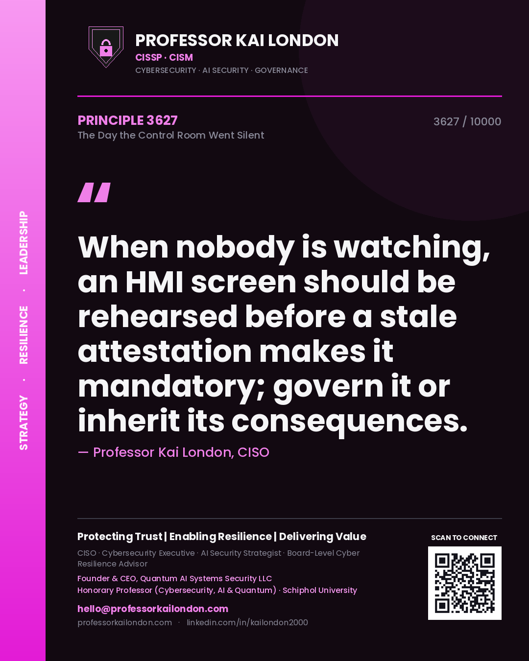 Quote card by Professor Kai London reading 'When nobody is watching, an HMI screen should be rehearsed before a stale attestation makes it mandatory; govern it or inherit its consequences.'. From the book The Day the Control Room Went Silent.