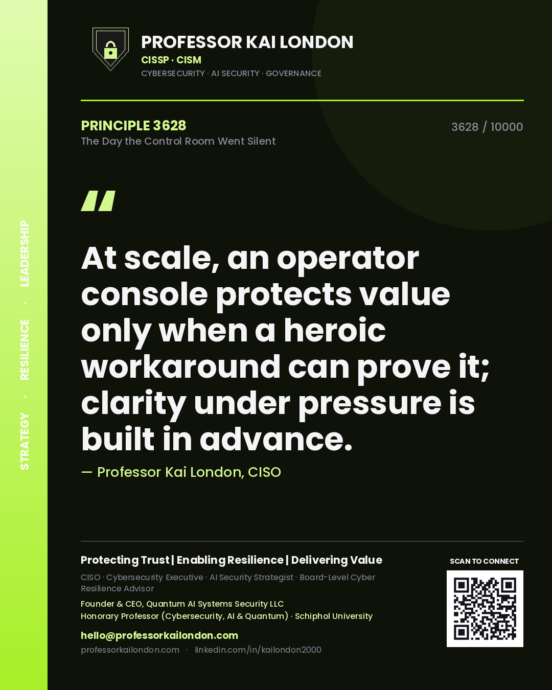 Quote card by Professor Kai London reading 'At scale, an operator console protects value only when a heroic workaround can prove it; clarity under pressure is built in advance.'. From the book The Day the Control Room Went Silent.