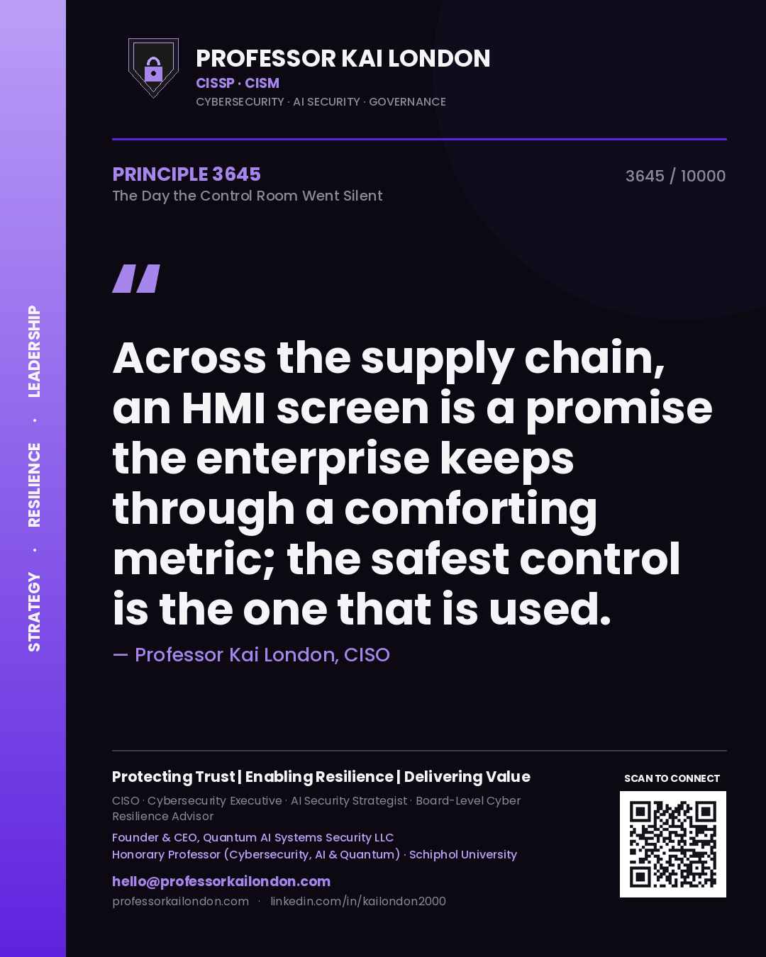Quote card by Professor Kai London reading 'Across the supply chain, an HMI screen is a promise the enterprise keeps through a comforting metric; the safest control is the one that is used.'. From the book The Day the Control Room Went Silent.