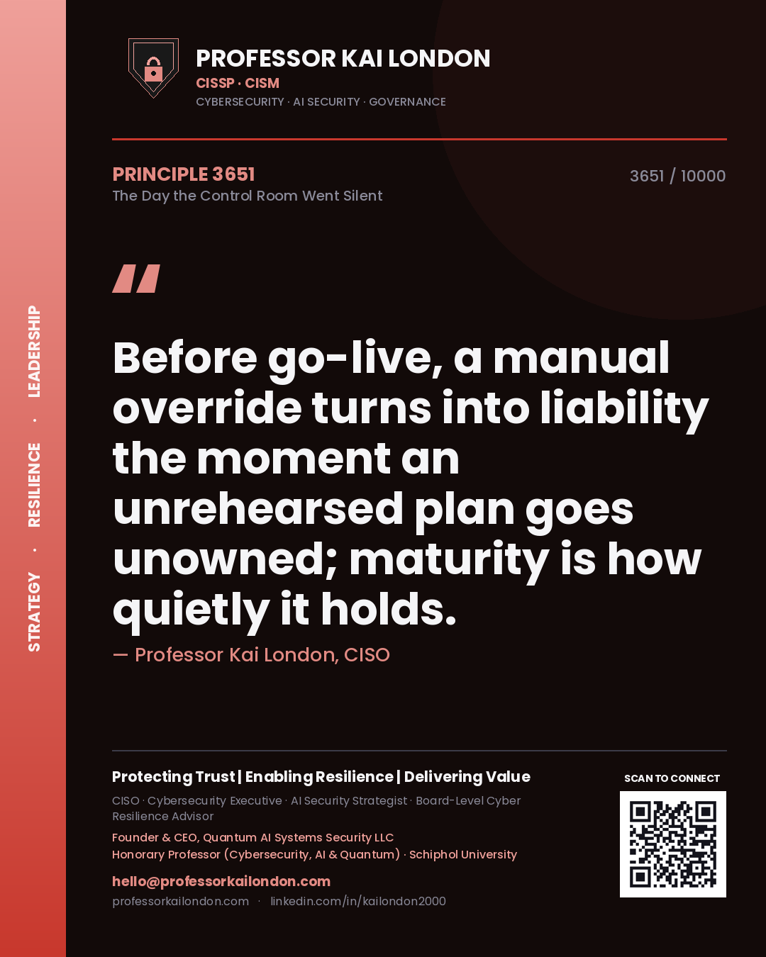 Quote card by Professor Kai London reading 'Before go-live, a manual override turns into liability the moment an unrehearsed plan goes unowned; maturity is how quietly it holds.'. From the book The Day the Control Room Went Silent.