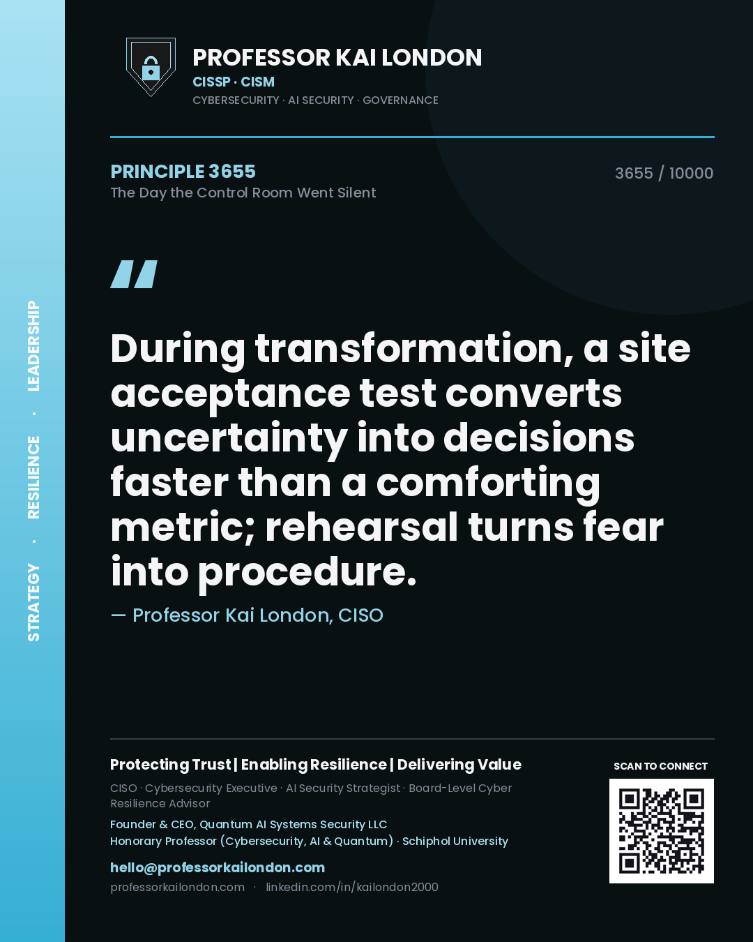 Quote card by Professor Kai London reading 'During transformation, a site acceptance test converts uncertainty into decisions faster than a comforting metric; rehearsal turns fear into procedure.'. From the book The Day the Control Room Went Silent.