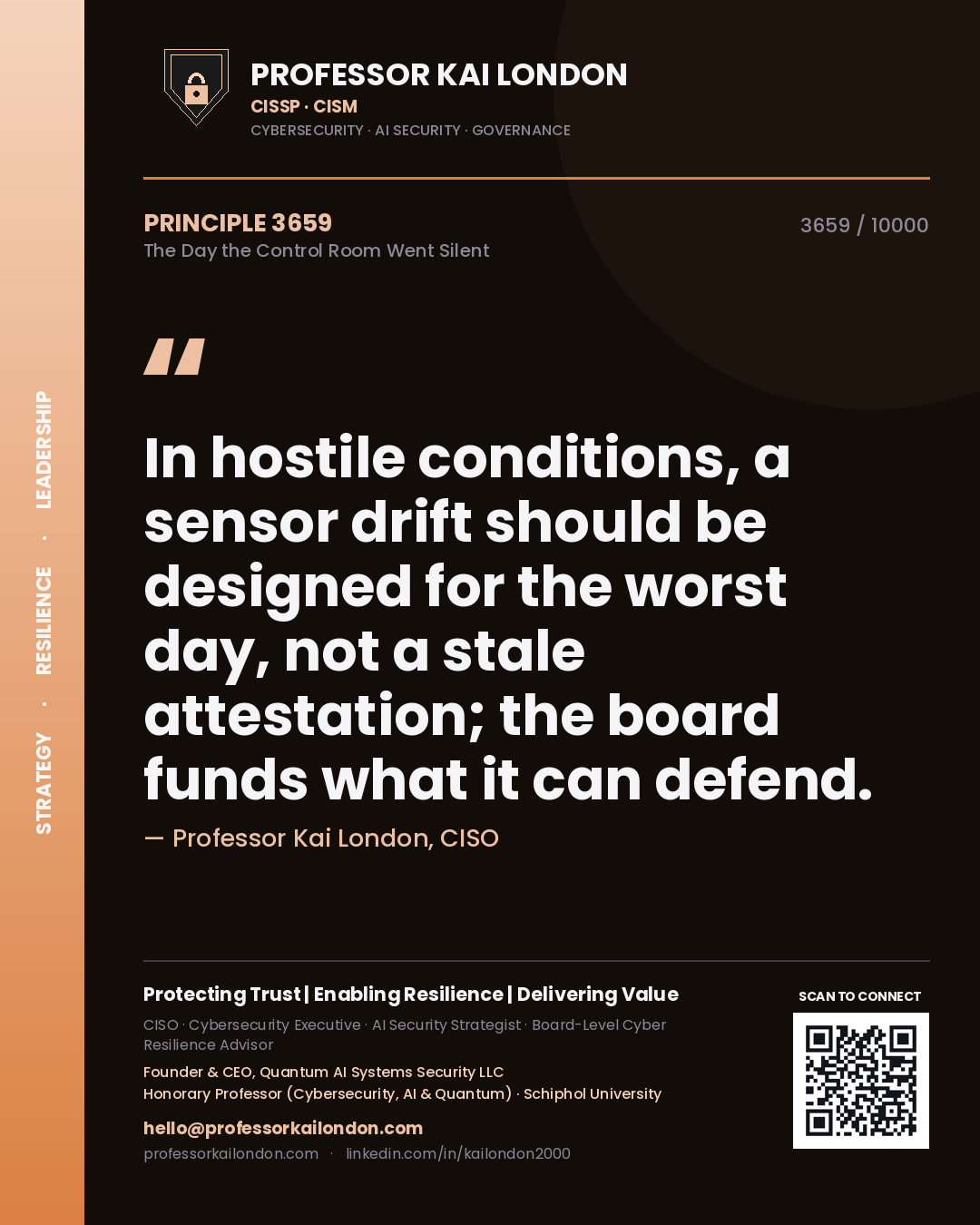 Quote card by Professor Kai London reading 'In hostile conditions, a sensor drift should be designed for the worst day, not a stale attestation; the board funds what it can defend.'. From the book The Day the Control Room Went Silent.
