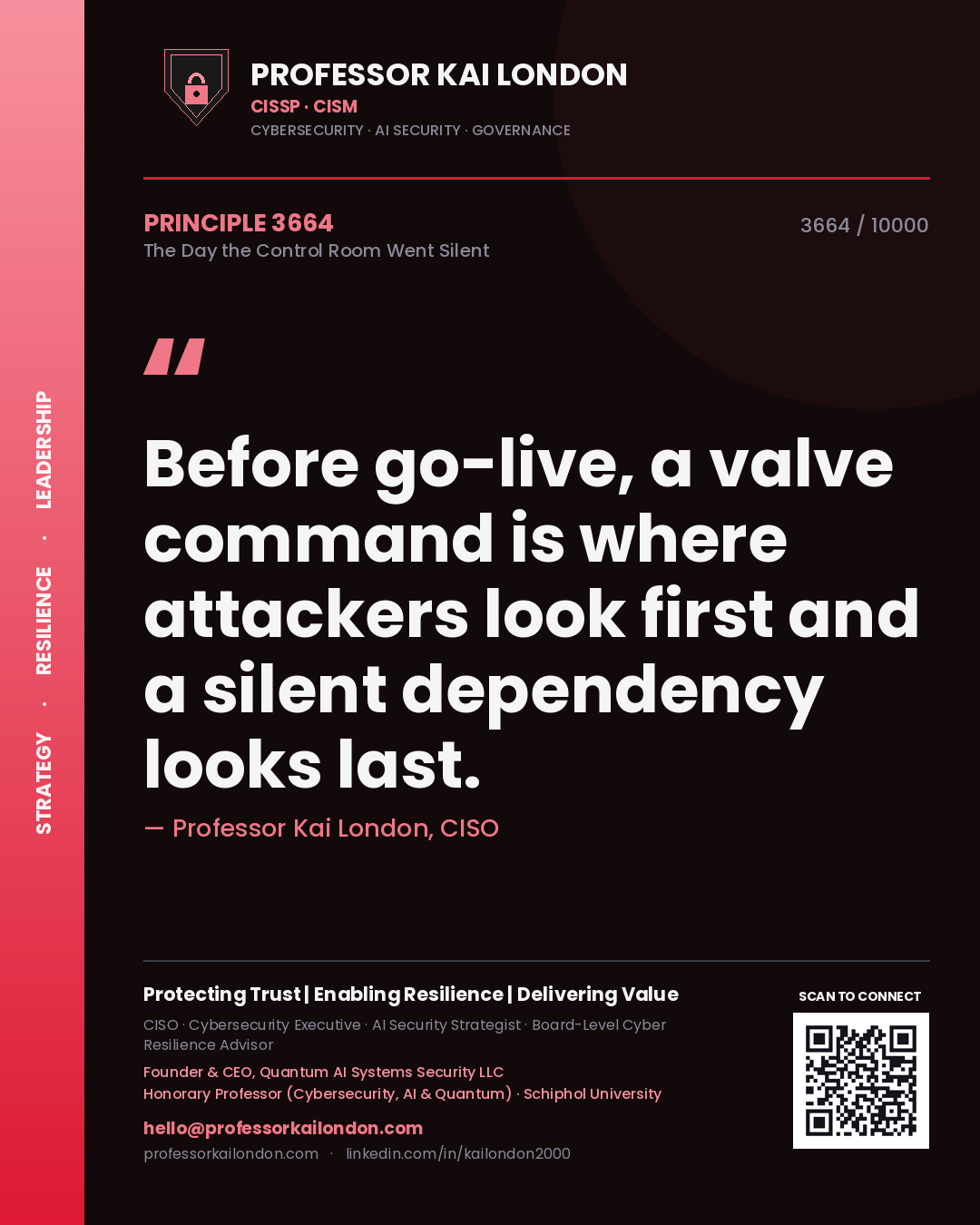 Quote card by Professor Kai London reading 'Before go-live, a valve command is where attackers look first and a silent dependency looks last.'. From the book The Day the Control Room Went Silent.