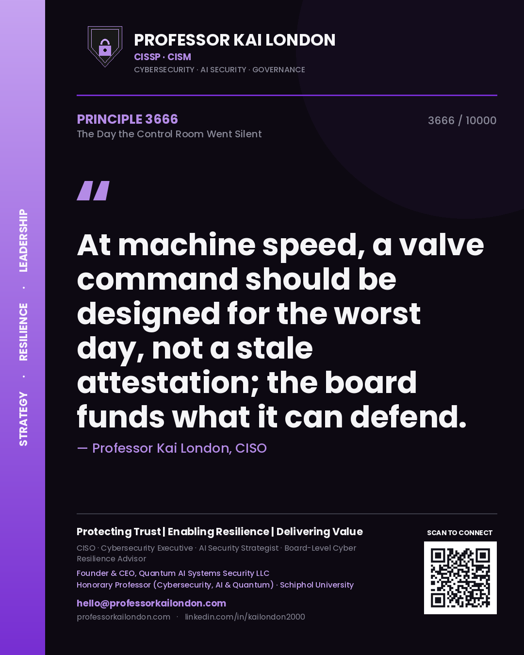 Quote card by Professor Kai London reading 'At machine speed, a valve command should be designed for the worst day, not a stale attestation; the board funds what it can defend.'. From the book The Day the Control Room Went Silent.