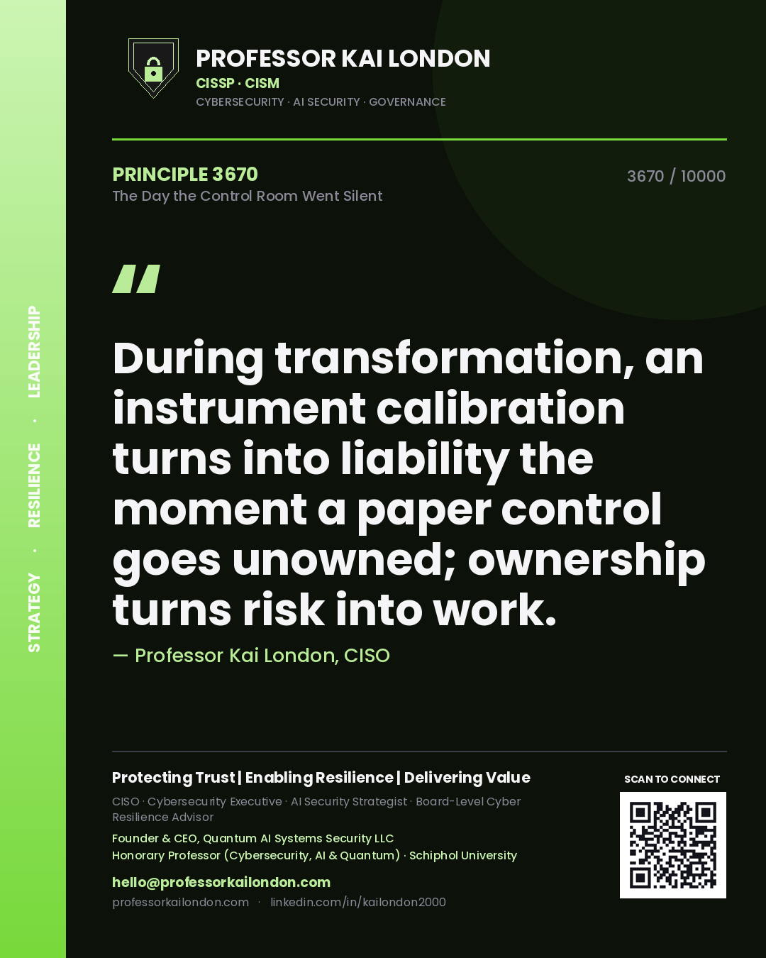 Quote card by Professor Kai London reading 'During transformation, an instrument calibration turns into liability the moment a paper control goes unowned; ownership turns risk into work.'. From the book The Day the Control Room Went Silent.