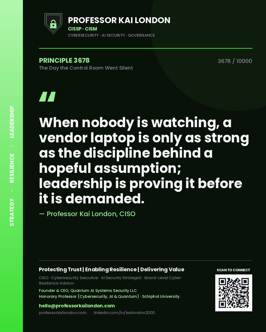 Professor Kai London principle 3678: When nobody is watching, a vendor laptop is only as strong as the discipline behind a hopeful assumption; leadership is proving it before it is demanded.